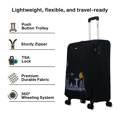 Lightweight and flexible image of Timus Salsa Plus black soft luggage emphasizing its easy portability, durable fabric, and travel-ready build.