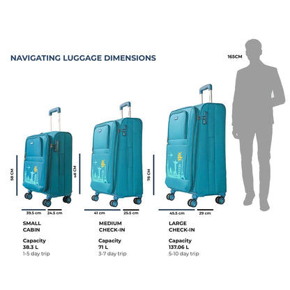 Front angled view of Timus Salsa Plus blue 58 cm and 78 cm soft trolley combo highlighting expandable compartments, smooth spinner wheels, and lightweight body.