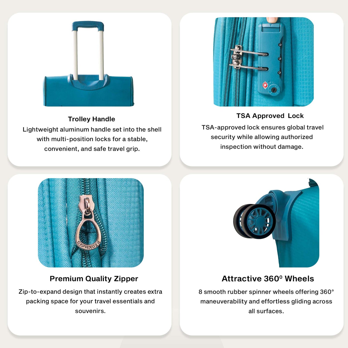 Feature collage of Timus Salsa Plus blue luggage showcasing TSA lock, 360° spinner wheels, and durable expandable body.