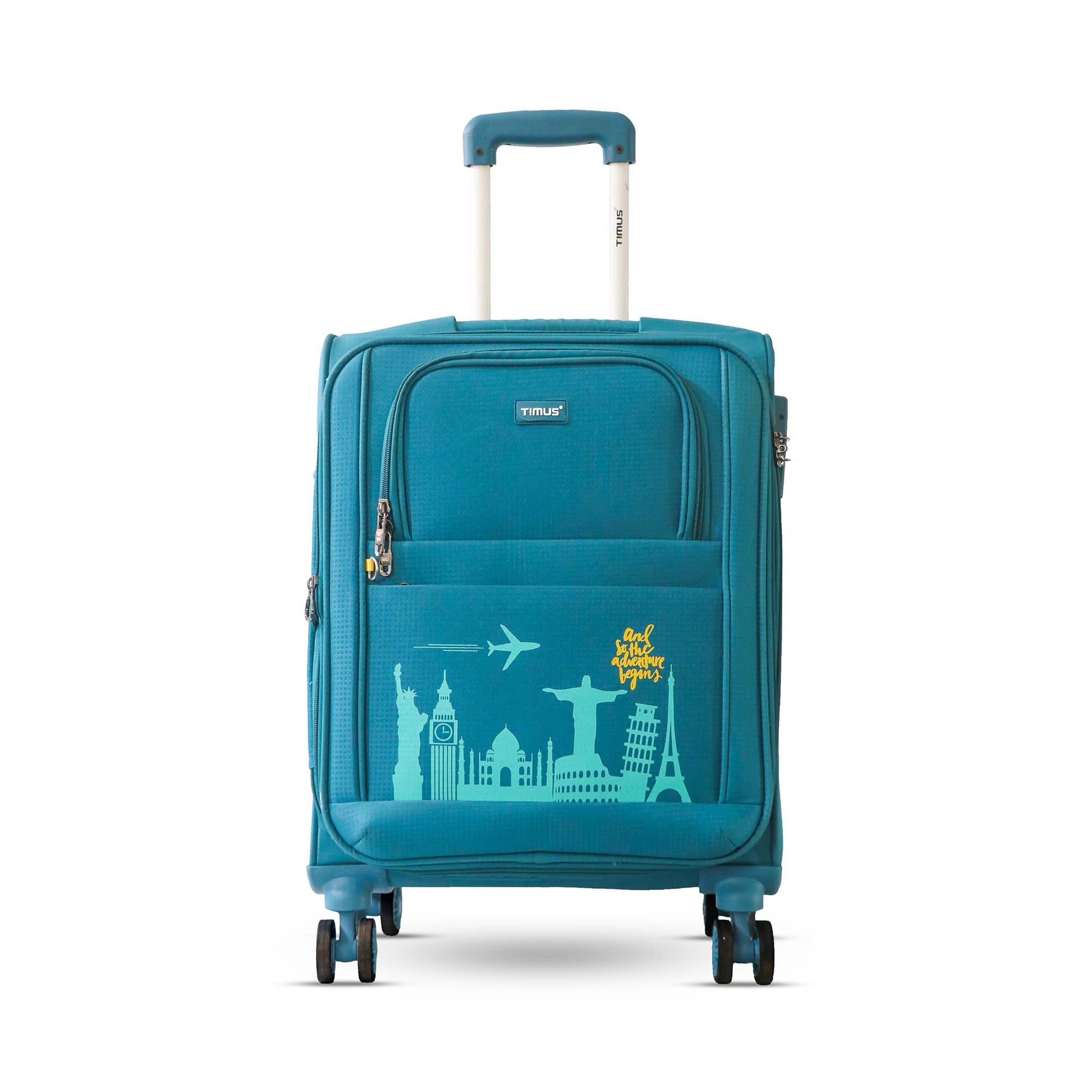 Front angled view of Timus Salsa Plus blue soft trolley luggage featuring telescopic handle, dual spinner wheels, and sleek travel design.