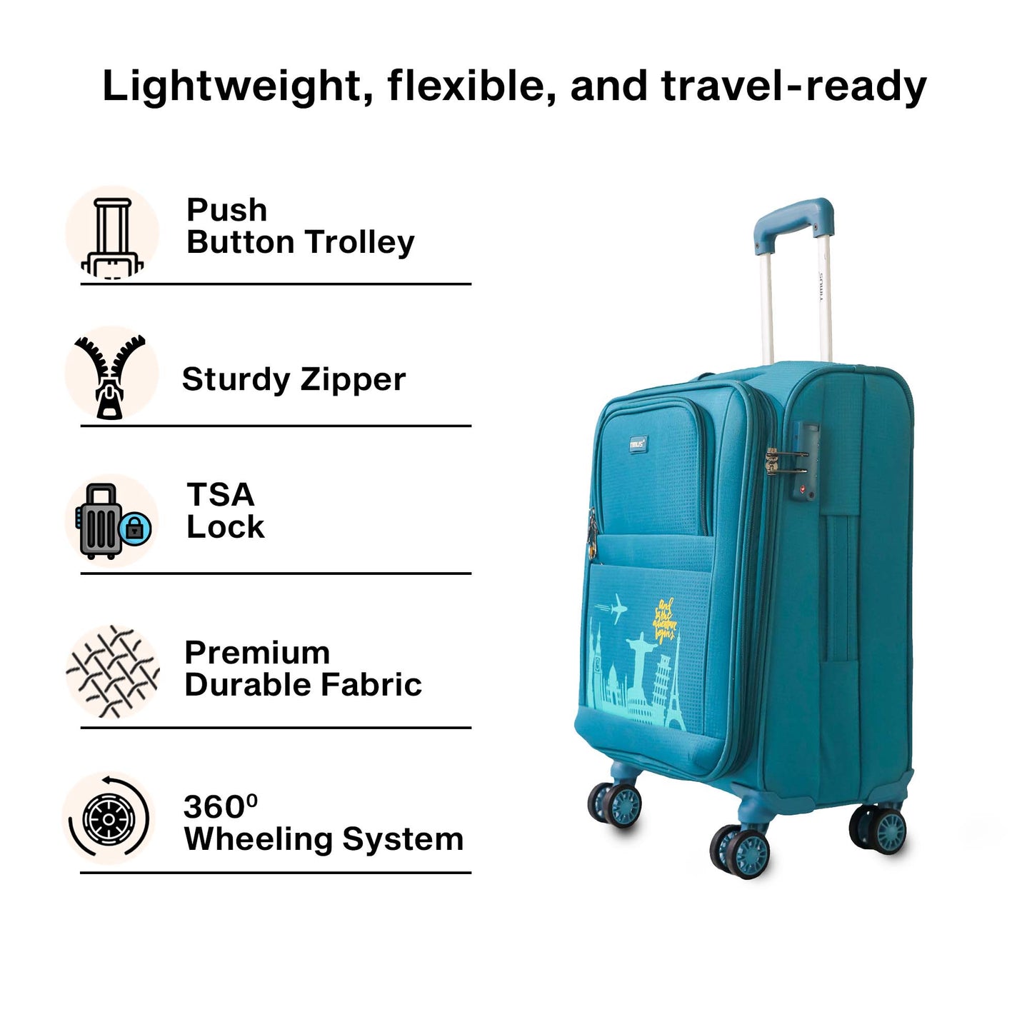 Lightweight and flexible image of Timus Salsa Plus  blue soft luggage showcasing portable, travel-ready, and flexible structure.