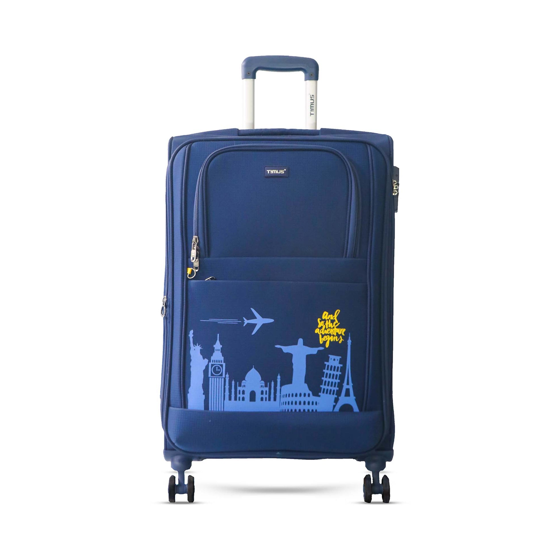 Front angled view of Timus Salsa Plus  68 cmnavy blue soft trolley luggage with telescopic handle, dual spinner wheels, and premium matte texture.