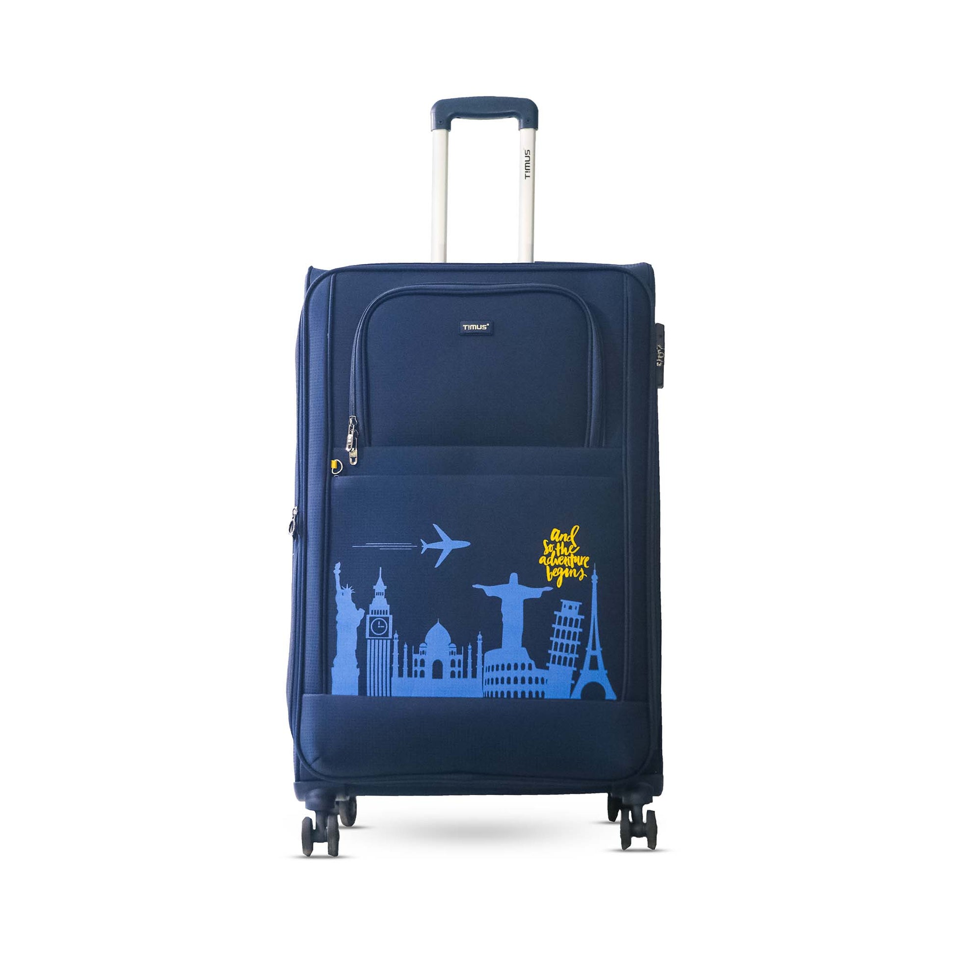 Front angled view of Timus 78 cm Salsa Plus navy blue soft trolley luggage with telescopic handle, dual spinner wheels, and premium matte texture.