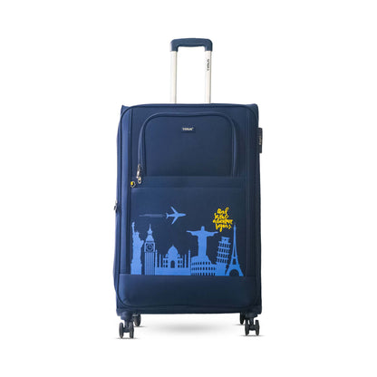 Front angled view of Timus 78 cm Salsa Plus navy blue soft trolley luggage with telescopic handle, dual spinner wheels, and premium matte texture.