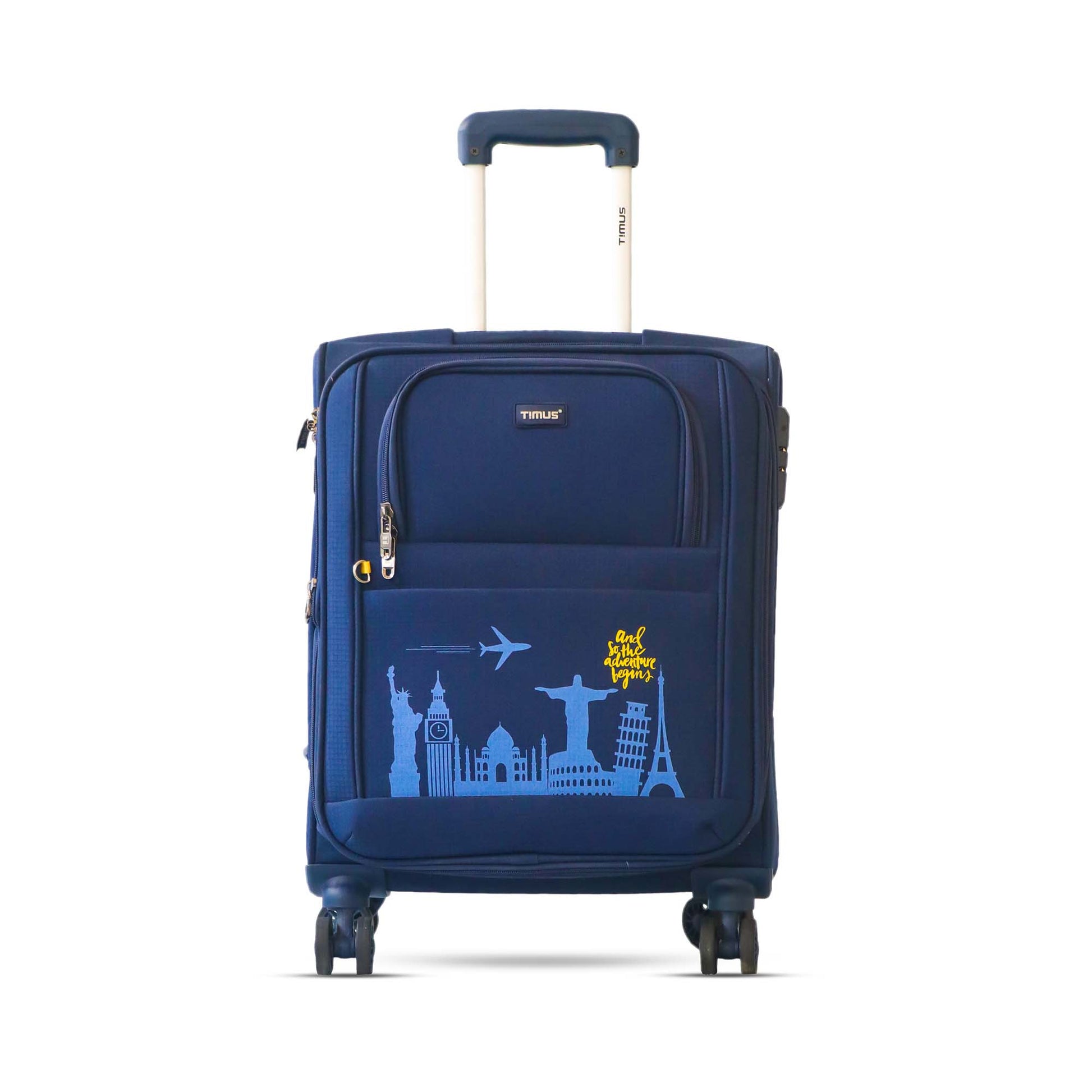 Front angled view of Timus Salsa Plus navy blue soft trolley luggage with telescopic handle, dual spinner wheels, and premium matte texture.