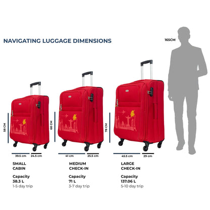 Front angled view of Timus Salsa Plus red 3-piece luggage set (58 cm, 68 cm, 78 cm) featuring matching design, spinner wheels, and travel-ready build.