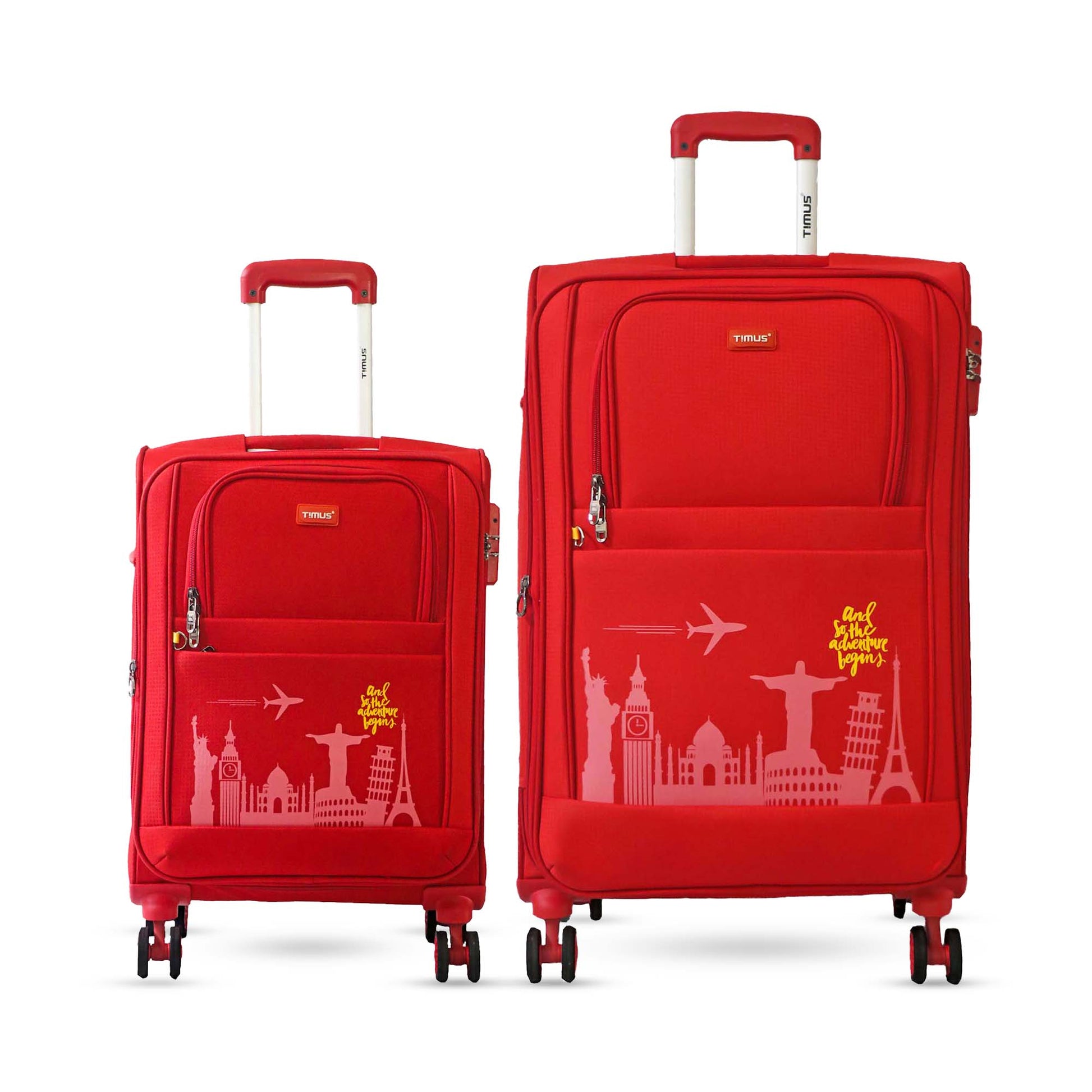 Front angled view of Timus Salsa Plus red 58 cm and 78 cm soft luggage set highlighting coordinated textured finish, dual spinner wheels, and lightweight construction.
