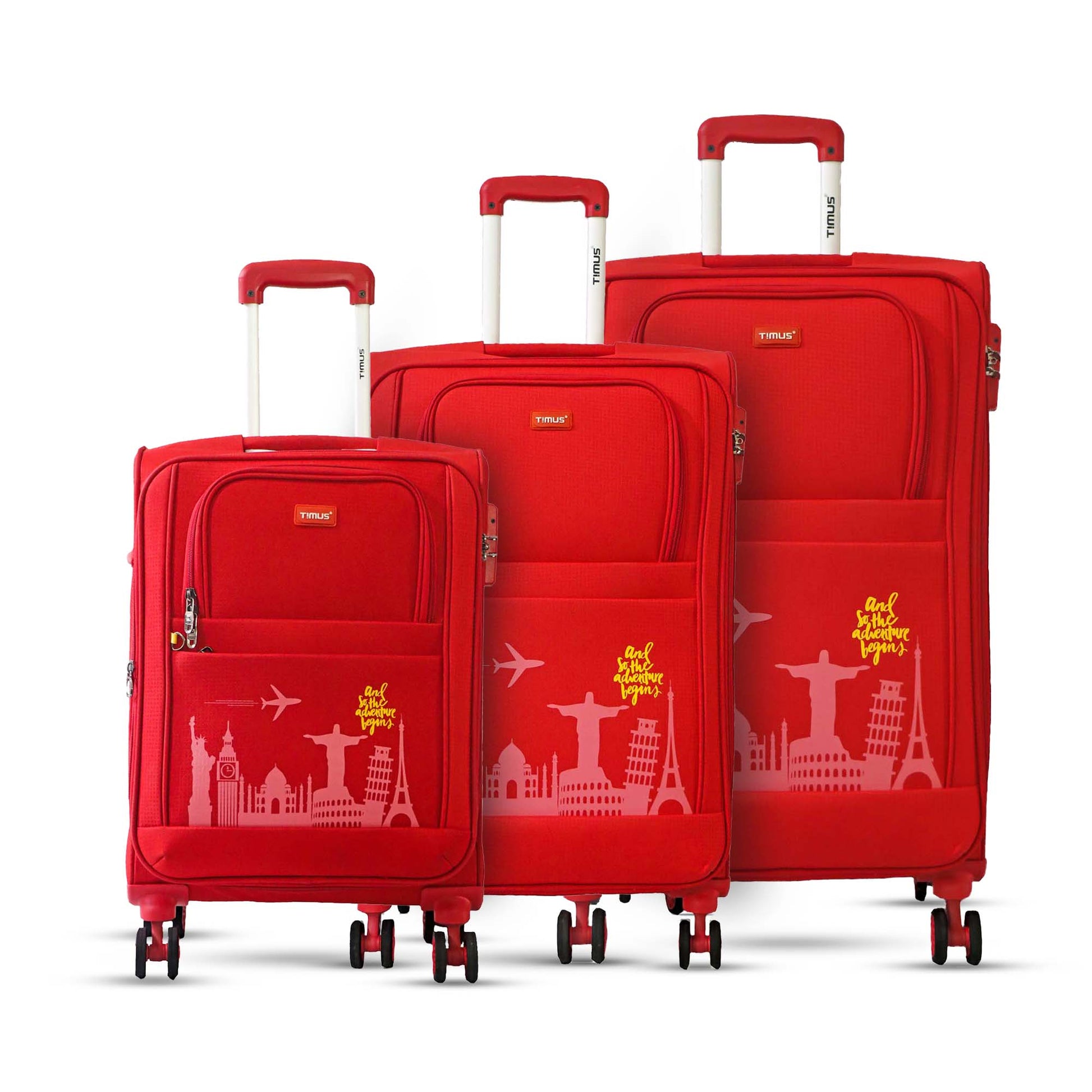 Front angled view of full Timus Salsa Plus red 3-piece luggage set (58 cm, 68 cm, 78 cm) featuring matching design, aluminium handles, and dual spinner wheels for effortless mobility.