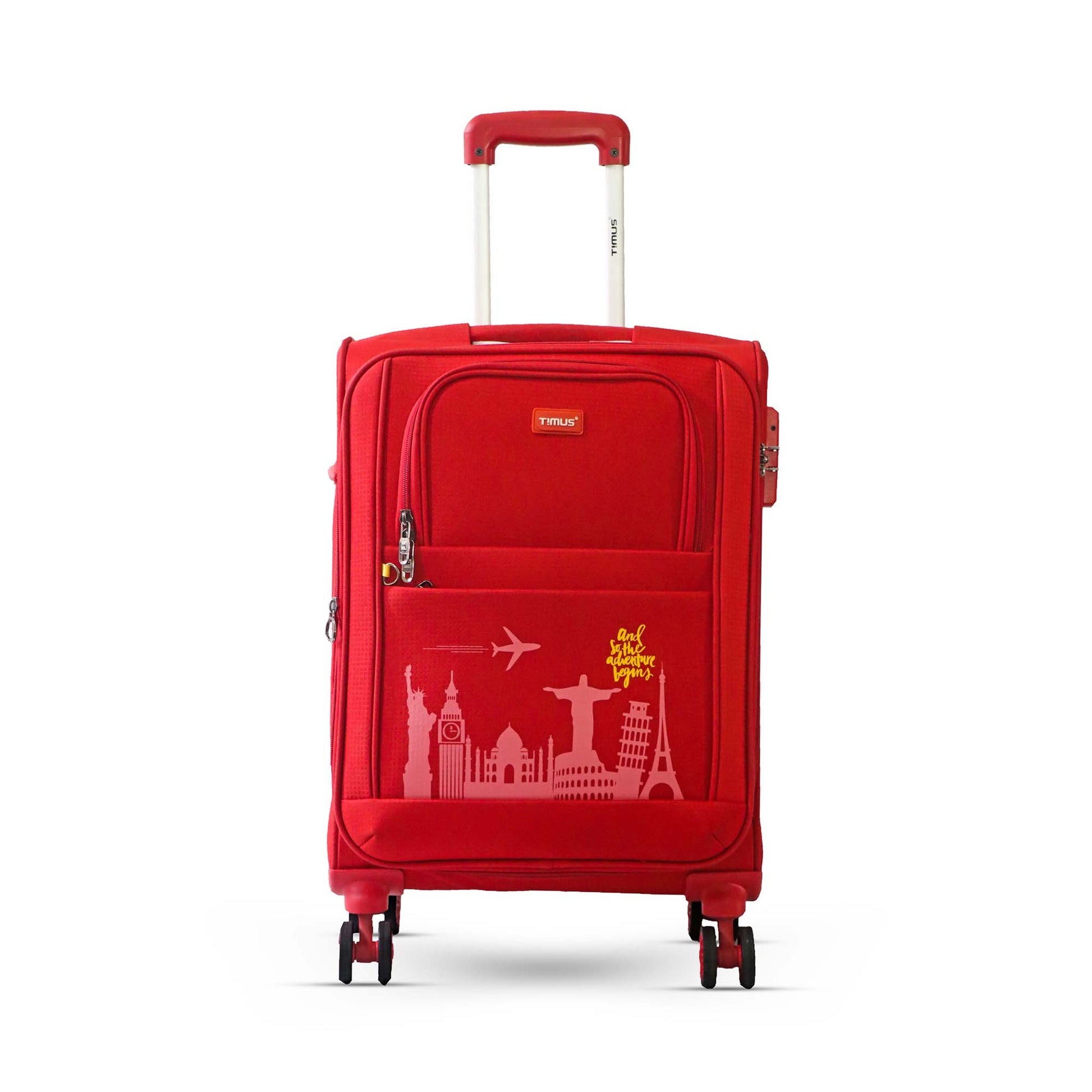 Front angled view of Timus Salsa Plus red soft trolley luggage featuring aluminium handle, spinner wheels, and textured finish for premium travel.