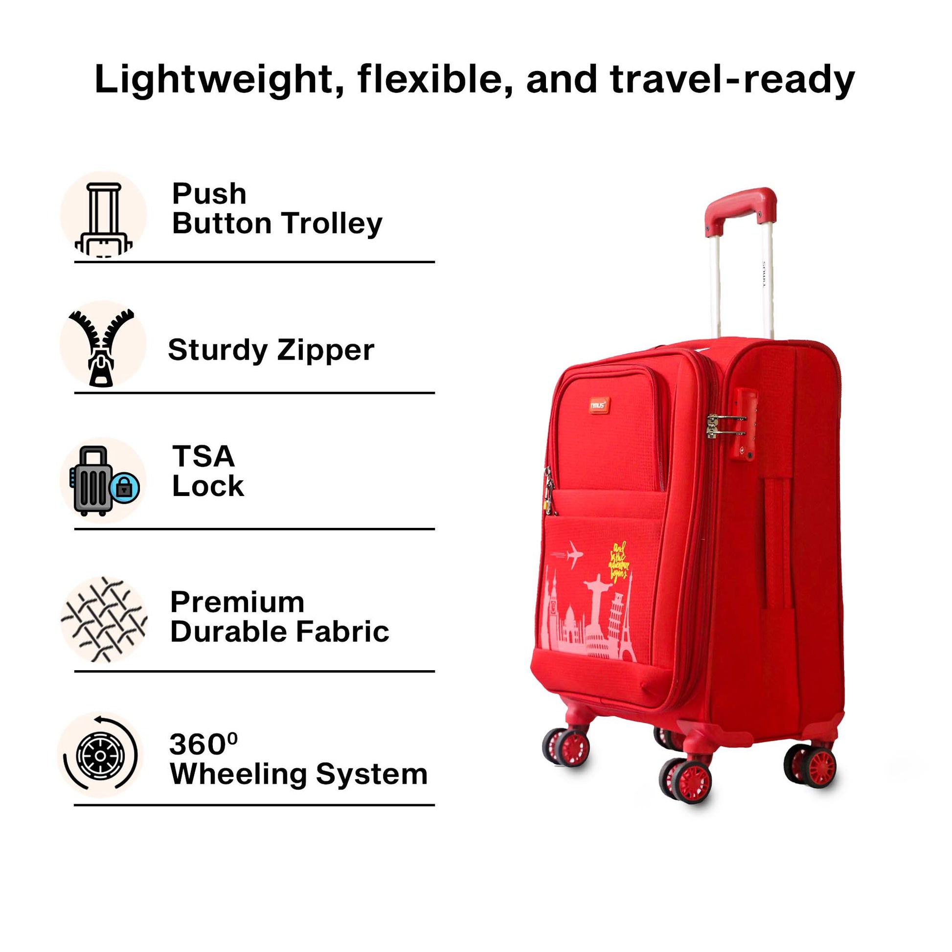 Lightweight and flexible image of Timus Salsa Plus red soft luggage highlighting its light build, flexible material, and easy mobility for frequent travelers.