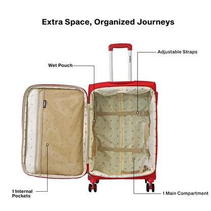 Open view of Timus Salsa Plus red luggage showing dual compartments, mesh dividers, and secure cross straps.