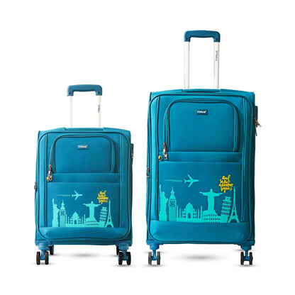 Two pieces of Expandable soft luggage with 8-wheel 360° rotation, featuring a TSA lock, push-button trolley, and decorative city skyline print. Available in black and other colors.