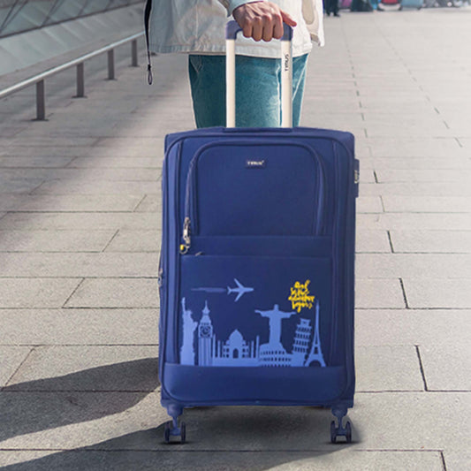Lifestyle image of Timus Salsa Plus navy blue luggage in a travel setting, showcasing elegant design and functionality.