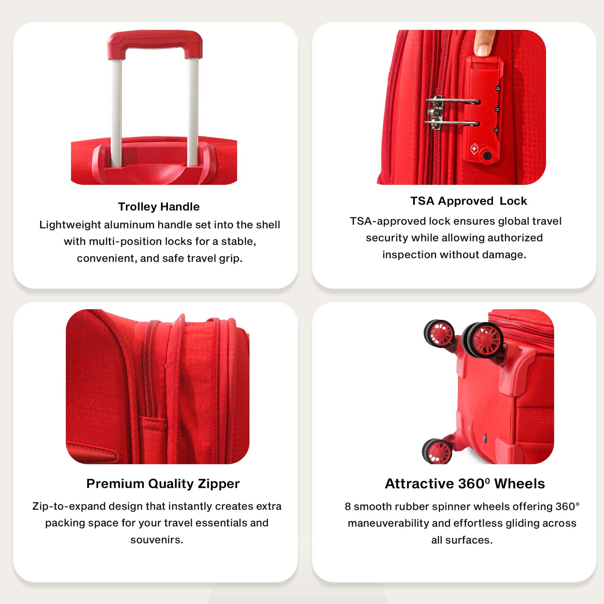 Red suitcase with features highlighted on a white background