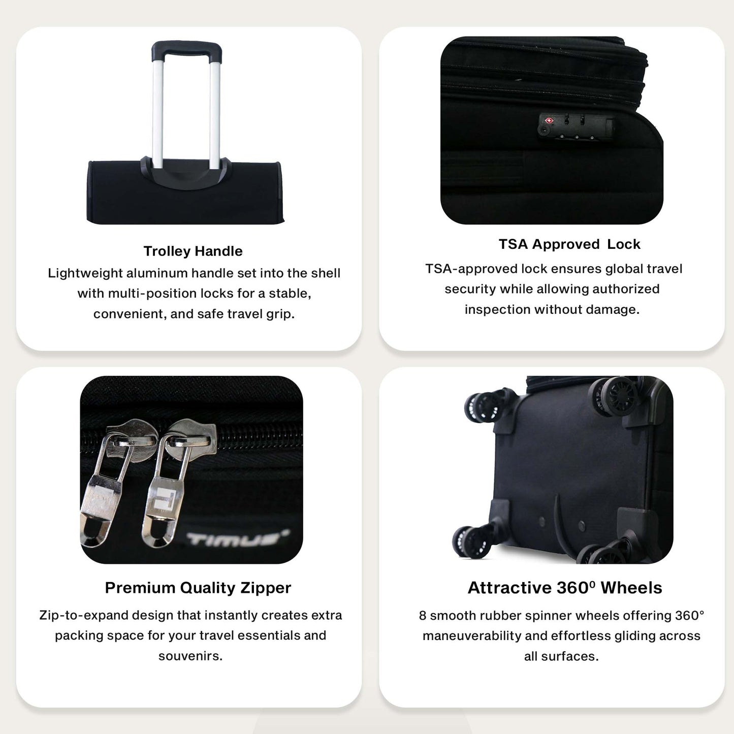 Black suitcase with features highlighted on a white background