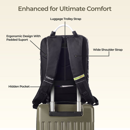 Back view of Timus Seattle black laptop backpack featuring padded straps and breathable back support.