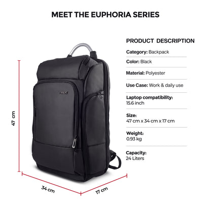 Dimension view of Timus Seattle black laptop backpack showing height, width, and depth for size reference.