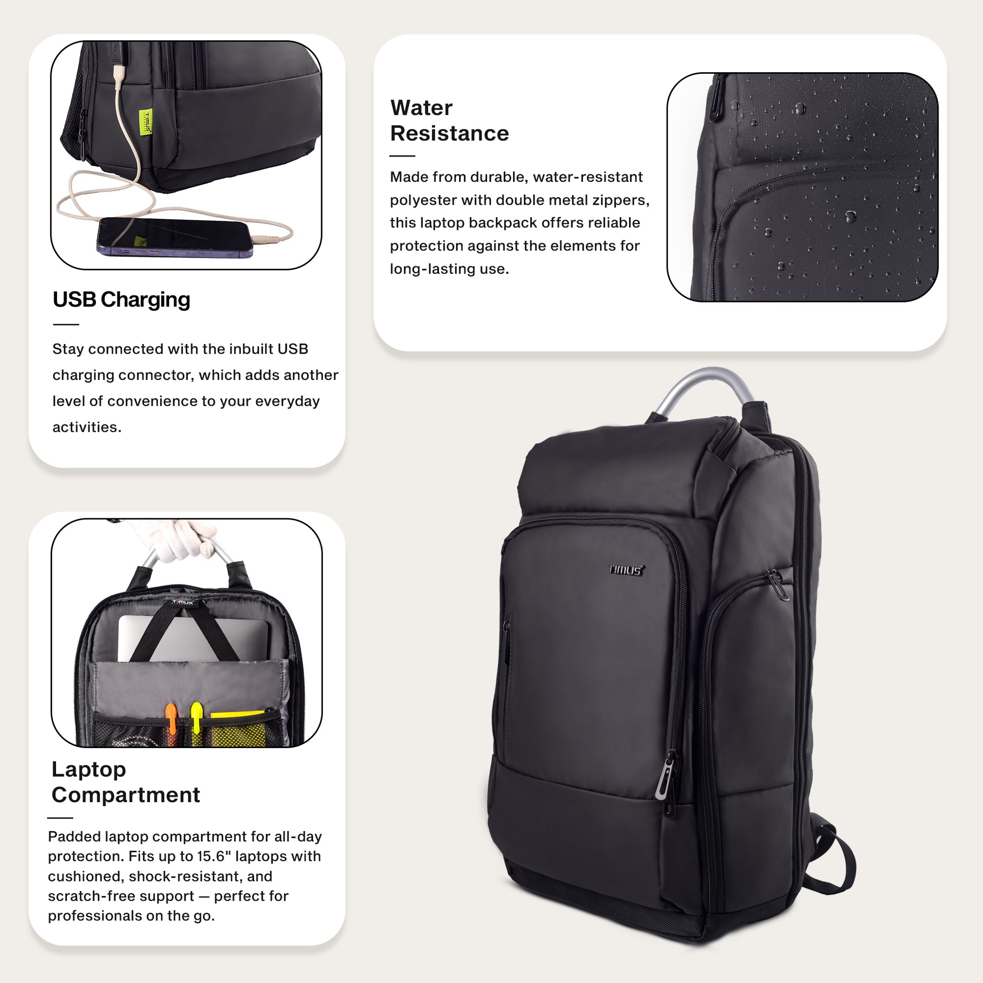 Graphic displaying lightweight, water-resistant, and flexible features of the Timus Seattle black backpack.