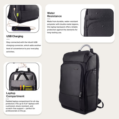 Graphic displaying lightweight, water-resistant, and flexible features of the Timus Seattle black backpack.