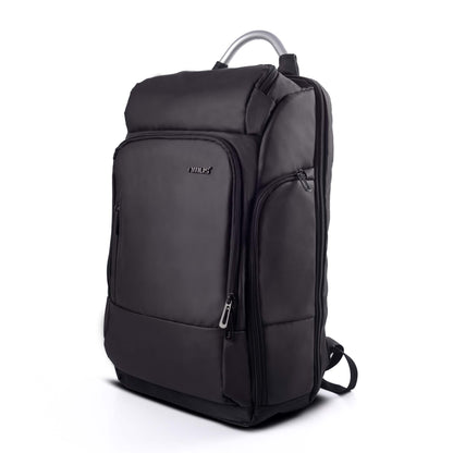 Front view of Timus Seattle black laptop backpack showcasing its sleek modern design and metal handle.