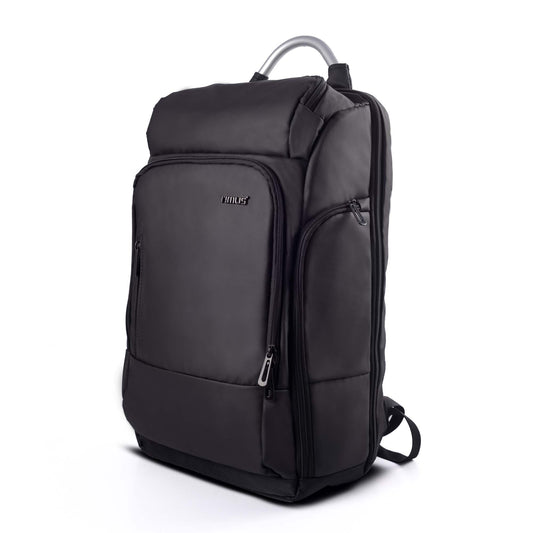 Front view of Timus Seattle black laptop backpack showcasing its sleek modern design and metal handle.