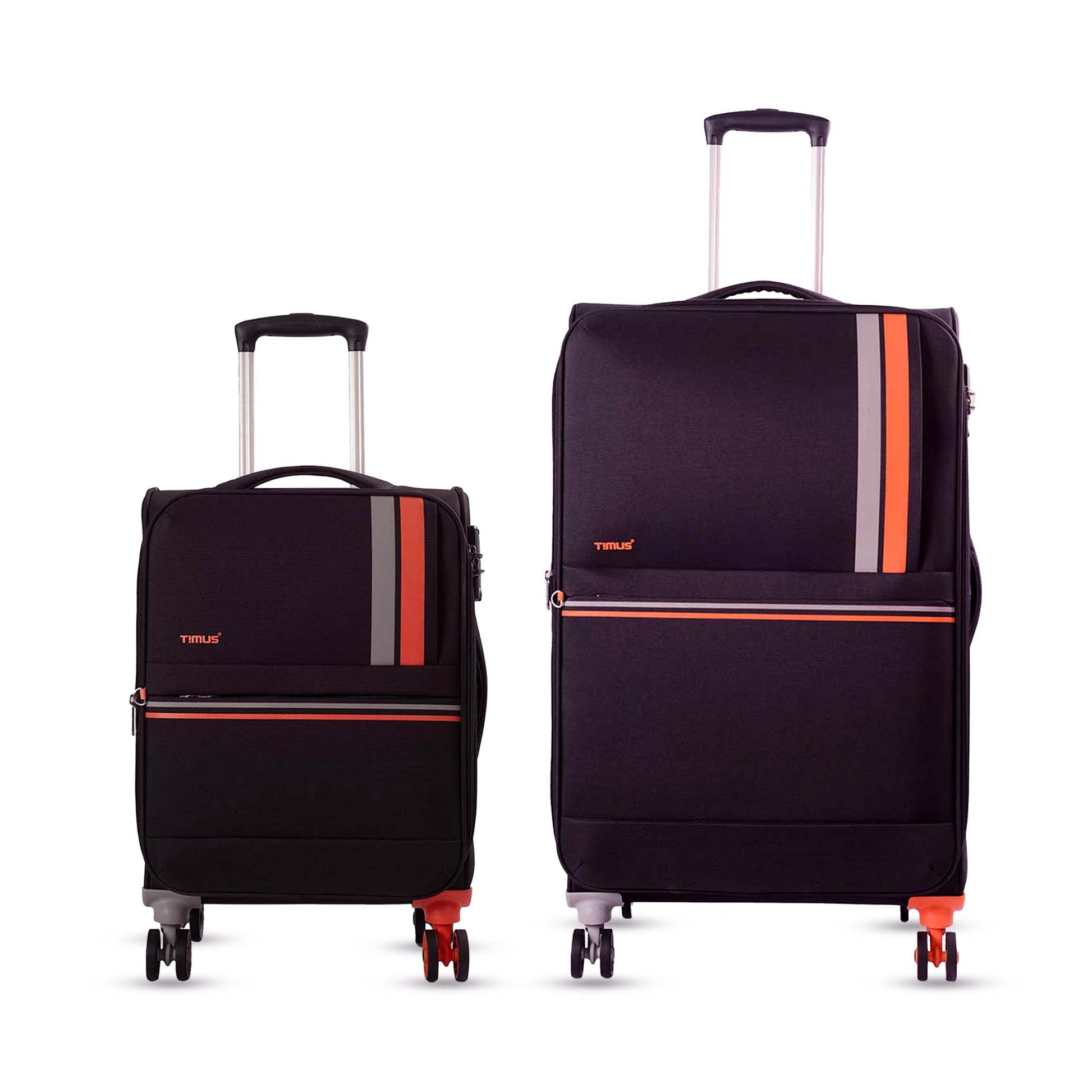 Combo image of Timus Sportive black 58 cm and 68 cm soft luggage showcasing smooth wheels and durable fabric.