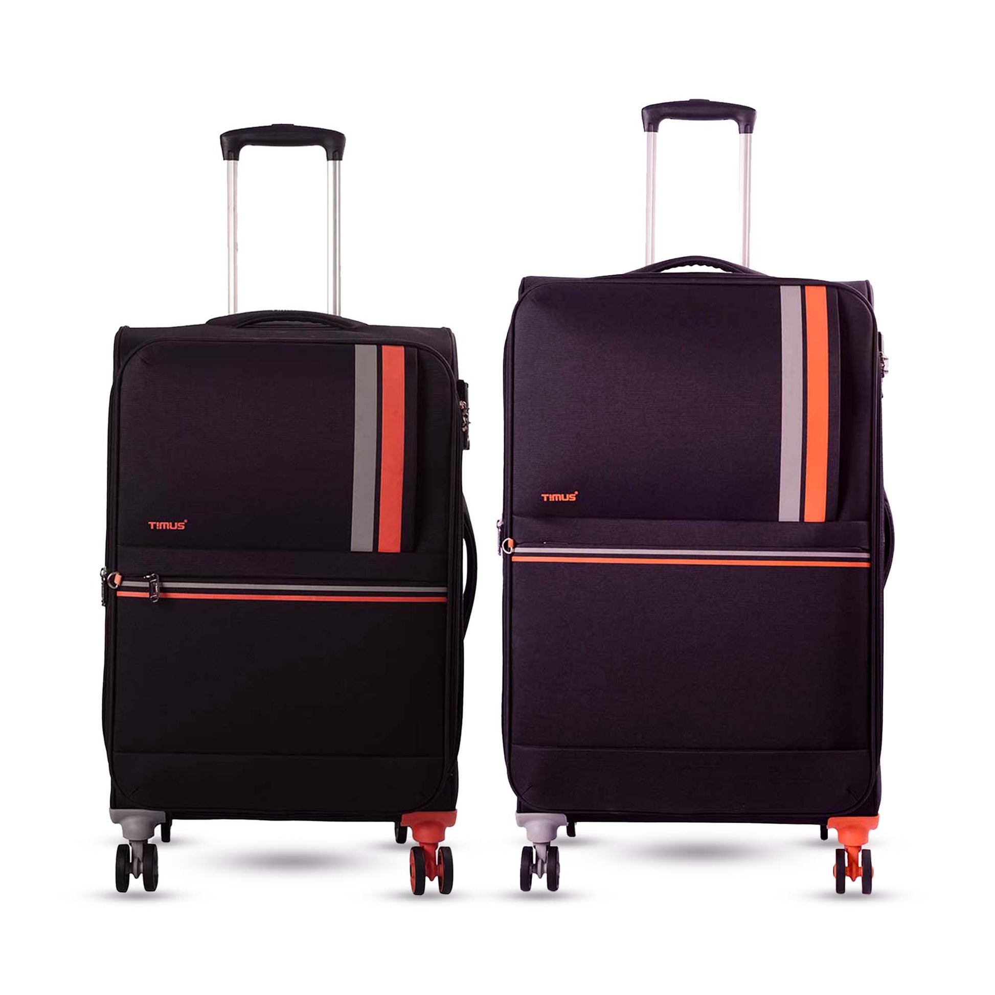 Combo view of Timus Sportive black 68 cm and 78 cm luggage showcasing matching fabric, spinner wheels, and travel-ready durability.