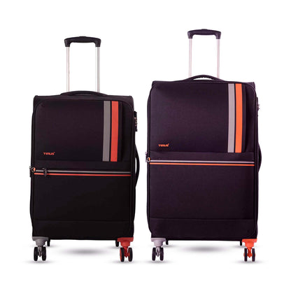 Combo view of Timus Sportive black 68 cm and 78 cm luggage showcasing matching fabric, spinner wheels, and travel-ready durability.