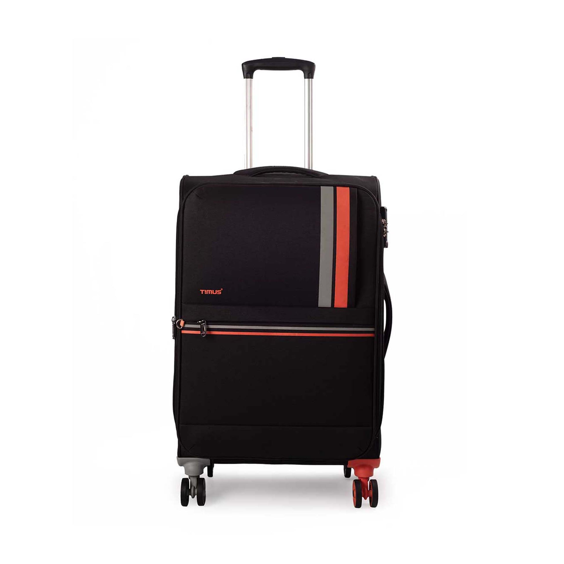 Front angled view of Timus Sportive black 68cm soft trolley luggage featuring telescopic handle, spinner wheels, and sleek dual-tone wheel design.