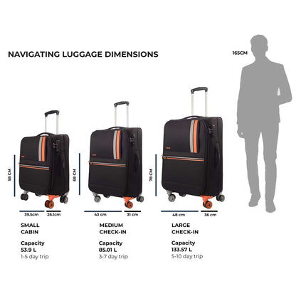 Timus Sportive black trolley luggage with displayed size dimensions for cabin and check-in use.