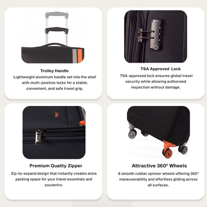 Feature graphic of Timus Sportive black soft trolley luggage showing lightweight and flexible fabric, smooth 360° spinner wheels, secure TSA lock, and expandable storage.