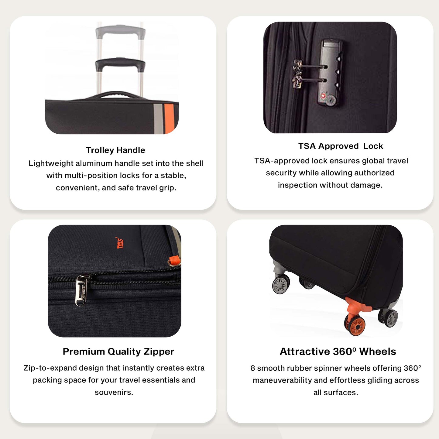 Feature graphic of Timus Sportive black soft trolley luggage showing lightweight and flexible fabric, smooth 360° spinner wheels, secure TSA lock, and expandable storage.