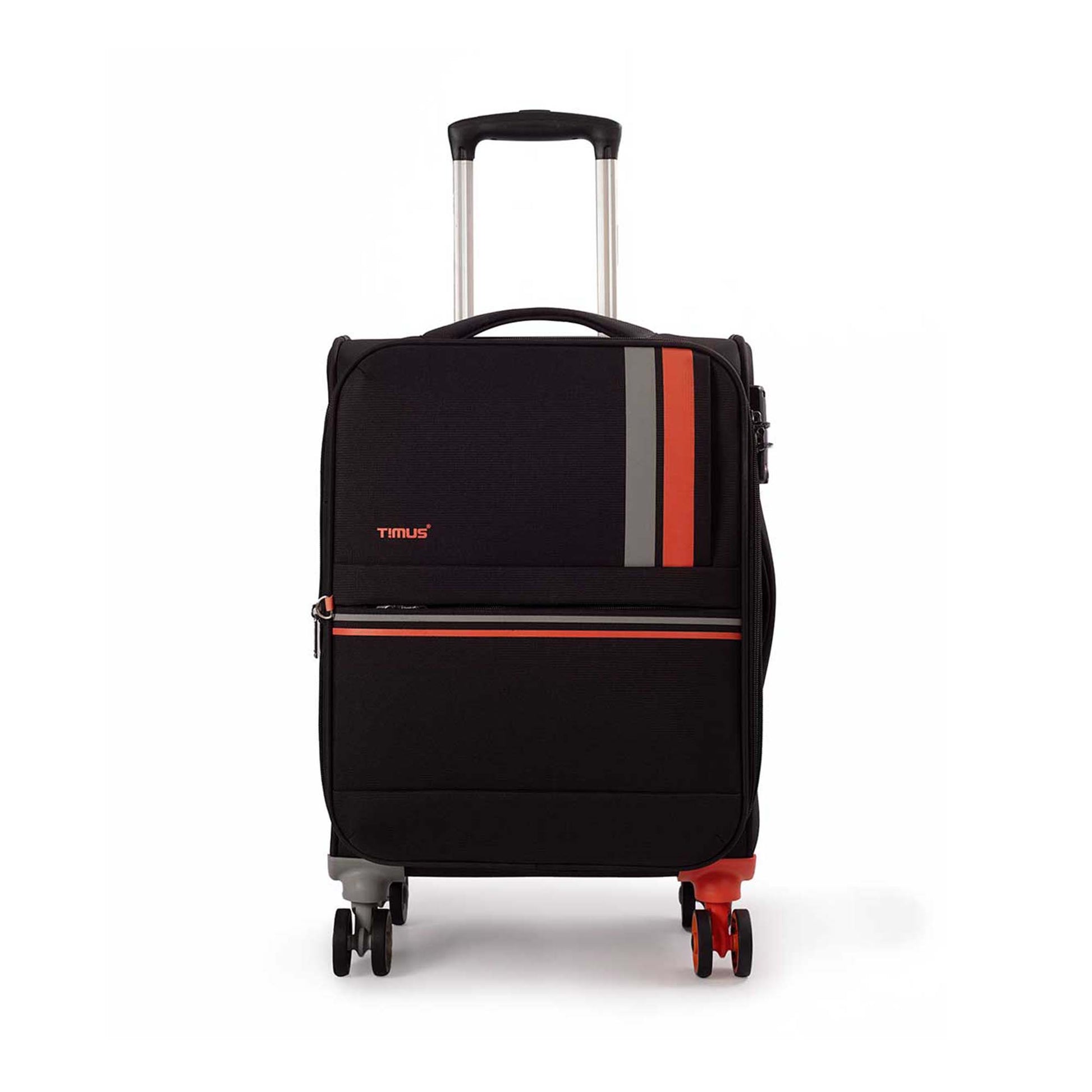 Front angled view of Timus Sportive black soft trolley luggage featuring aluminium handle, spinner wheels, and sleek dual-tone wheel design.