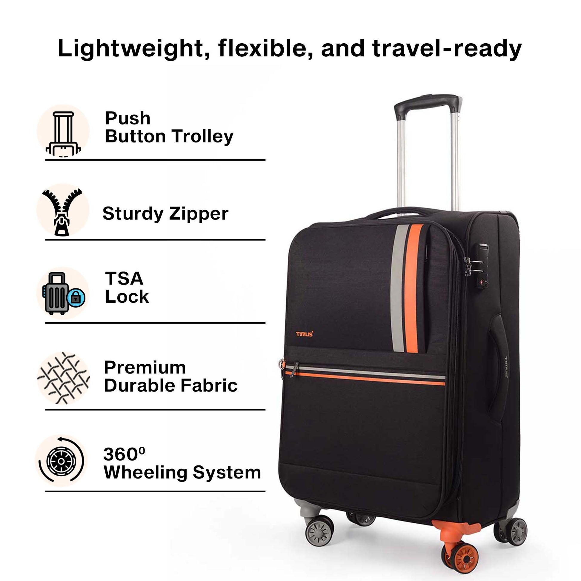 Close-up of Timus Sportive black soft luggage highlighting its lightweight construction, flexible fabric, and durable travel-ready finish