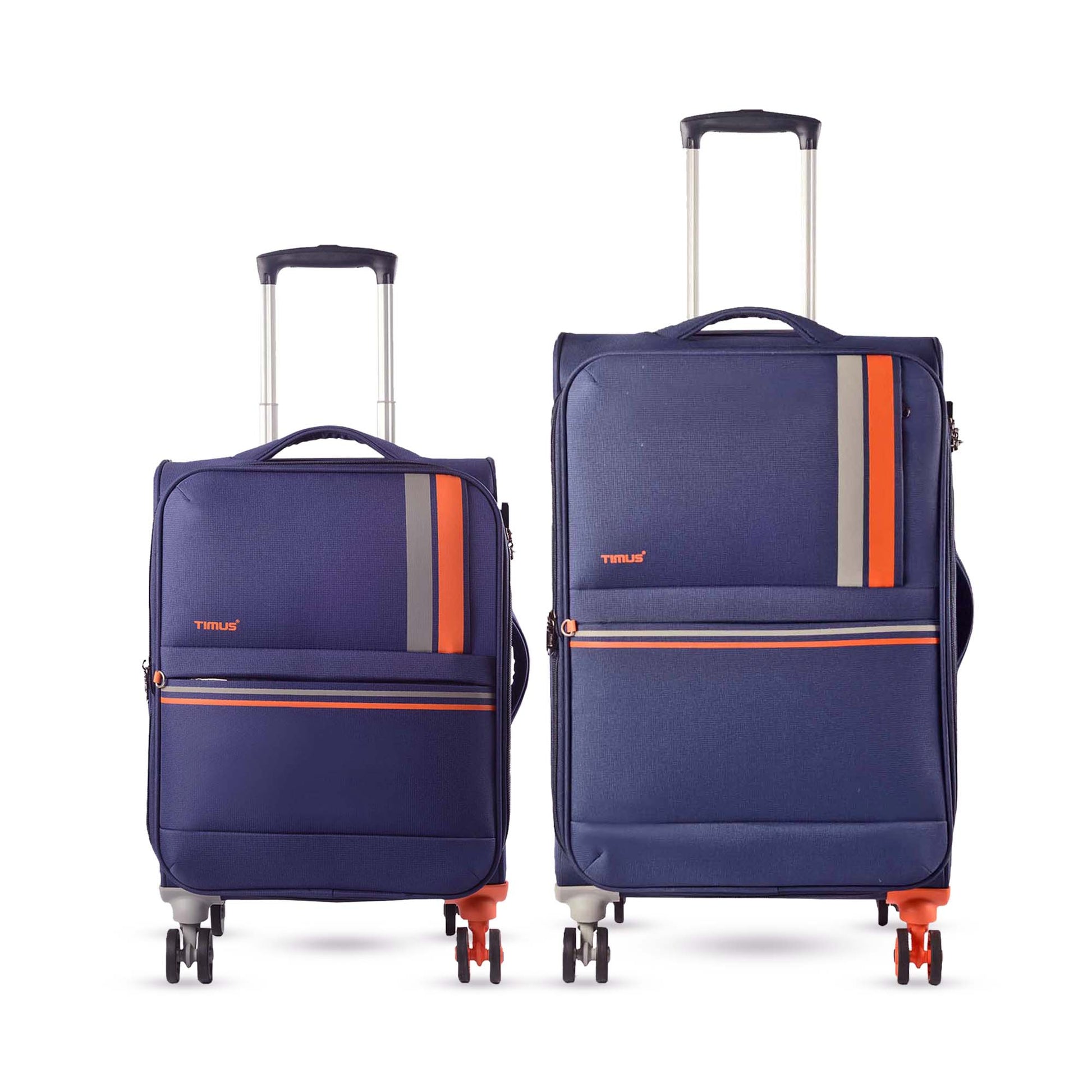 Combo image of Timus Sportive blue 58 cm and 68 cm soft luggage showcasing smooth wheels and durable fabric.