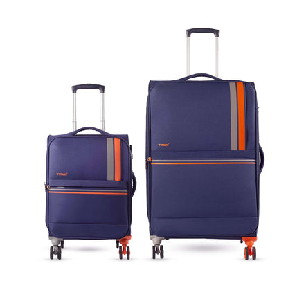 Combo image of Timus Sportive blue 58 cm and 68 cm soft luggage showcasing smooth wheels and durable fabric.