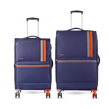 Combo image of Timus Sportive blue 68 cm and 78 cm soft luggage showing matching texture, smooth spinner wheels, and ample storage.