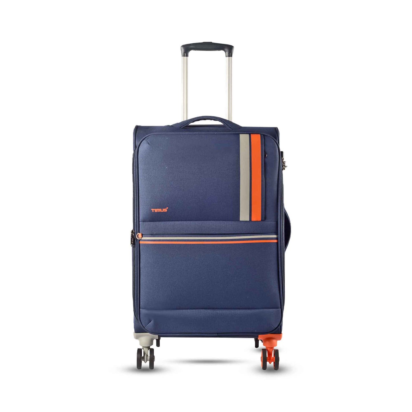 Front angled view of Timus Sportive blue 68 cm soft trolley luggage featuring telescopic handle, spinner wheels, and sleek modern design.
