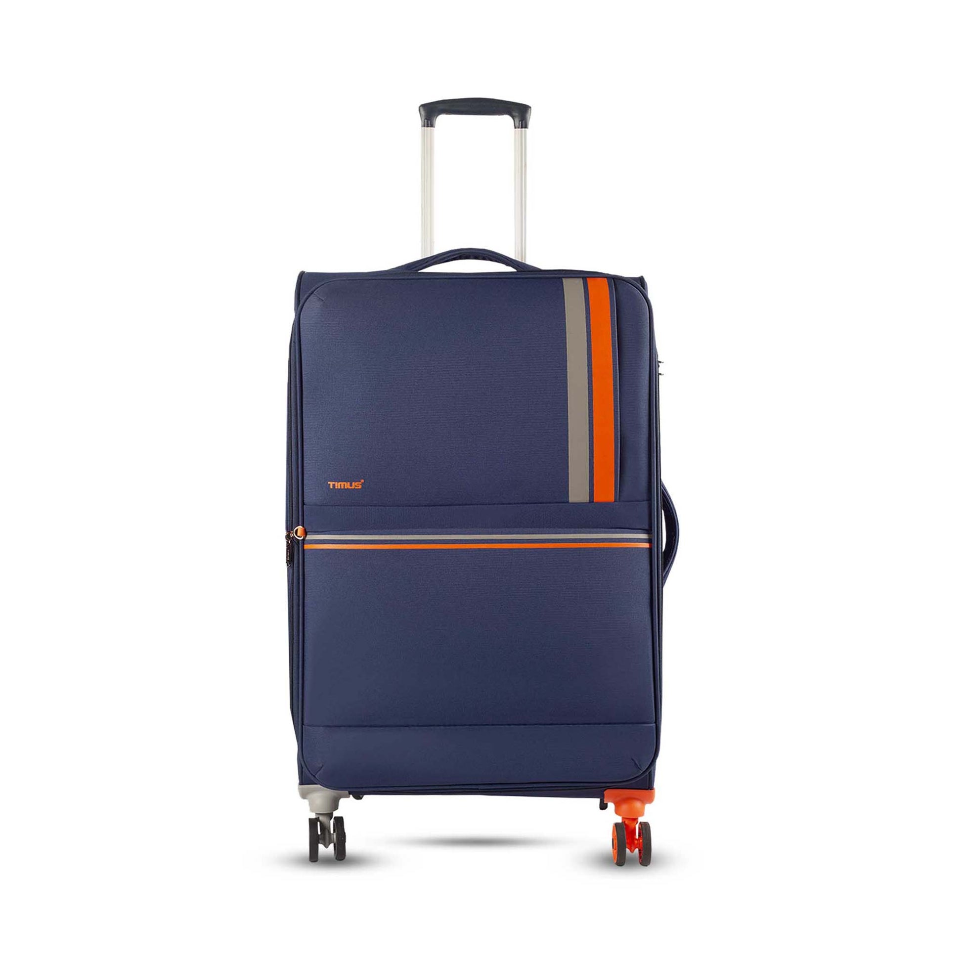 Front angled view of Timus Sportive blue 78 cm soft trolley luggage showcasing spacious compartments, contrast wheel accents, and strong base support.