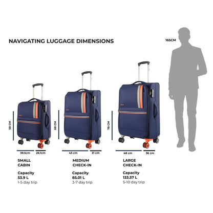 Timus Sportive blue trolley luggage with size dimensions highlighted for cabin, medium, and large travel bags