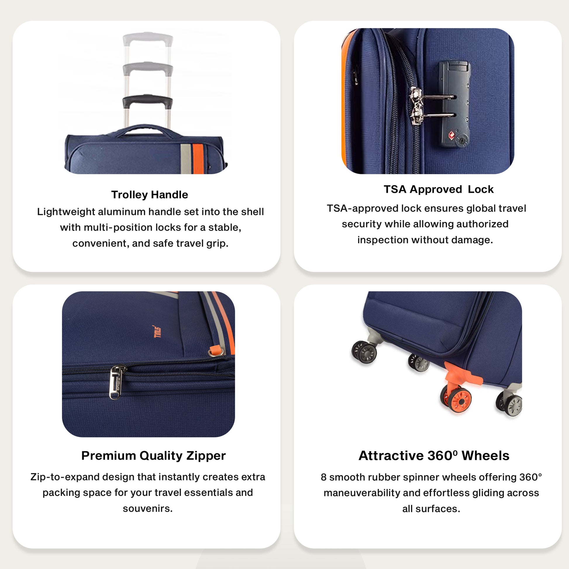 Feature graphic of Timus Sportive blue soft trolley luggage highlighting its lightweight body, 360° spinner wheels, sturdy handles, and expandable storage compartments.