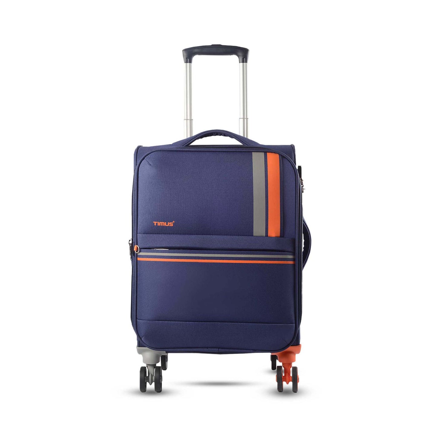 Front angled view of Timus Sportive blue soft trolley luggage with telescopic handle, spinner wheels, and stylish detailing.