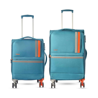 Combo image of Timus Sportive light blue 58 cm and 68 cm trolleys with coordinated design, spinner wheels, and expandable storage.