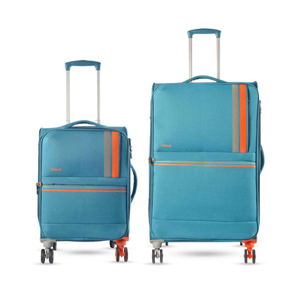 Combo image of Timus Sportive light blue 58 cm and 68 cm trolleys with coordinated design, spinner wheels, and expandable storage.