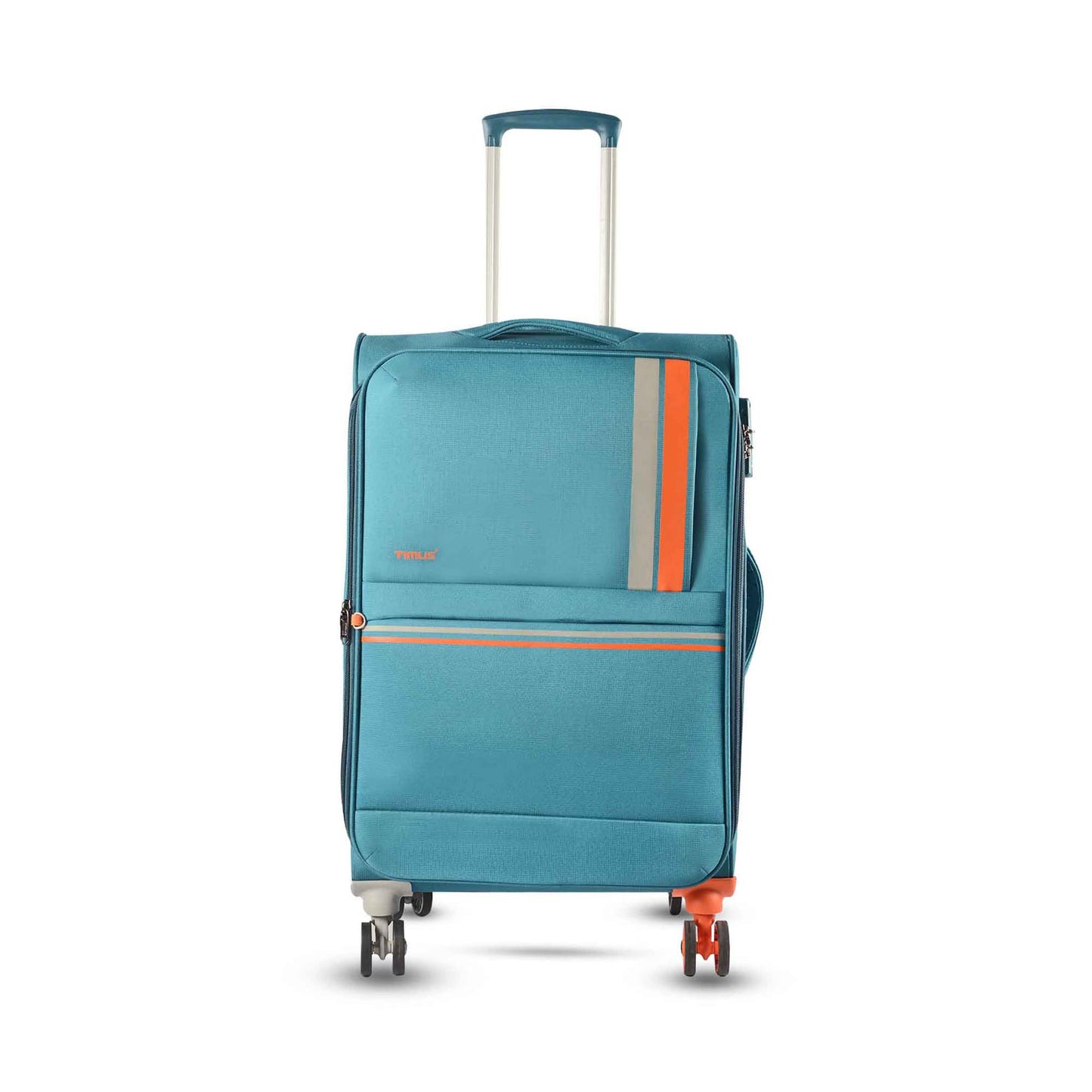 Front angled view of Timus Sportive light blue 68 cm soft trolley luggage featuring aluminium handle, durable wheels, and elegant stripe design.
