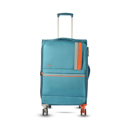 Front angled view of Timus Sportive light blue 68 cm soft trolley luggage featuring aluminium handle, durable wheels, and elegant stripe design.