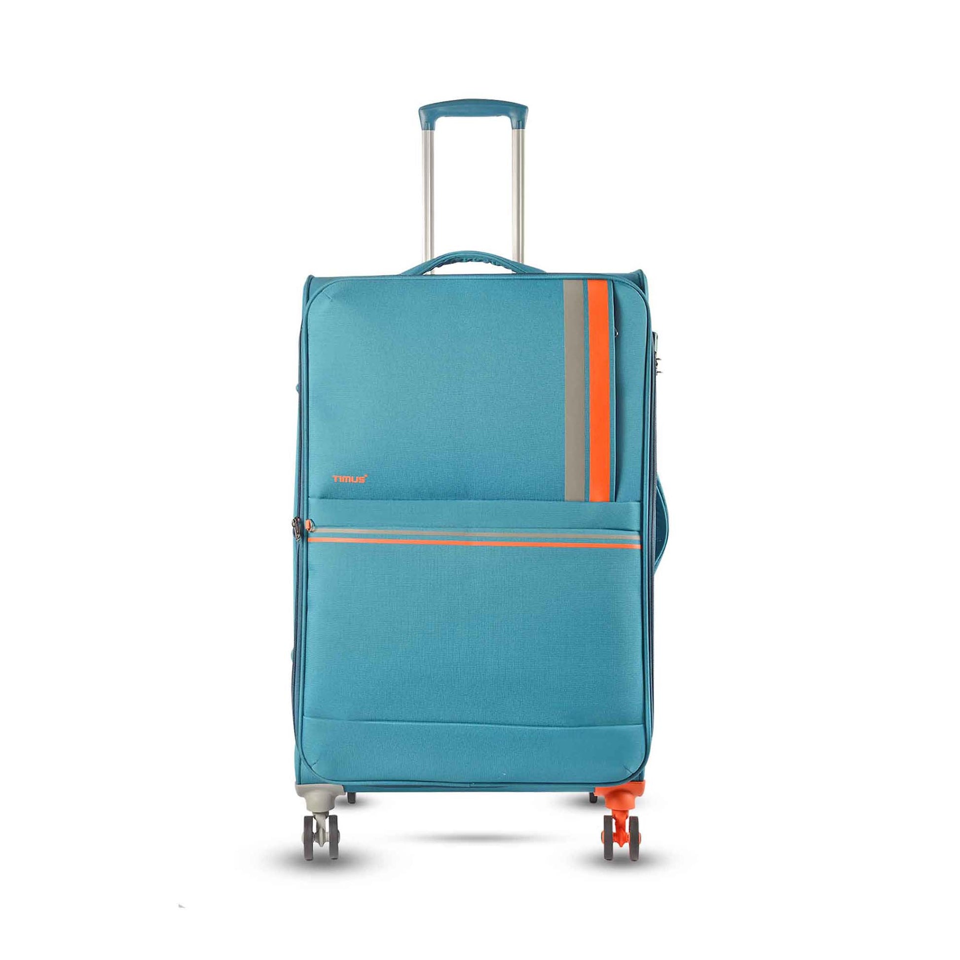 Front angled view of Timus Sportive light blue 78 cm soft trolley luggage with spinner wheels, sturdy trolley handle, and contemporary soft-shell finish.