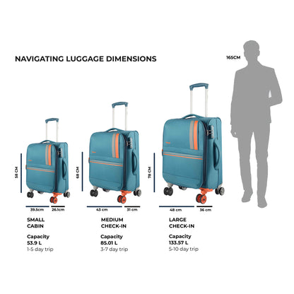 Timus Sportive light blue trolley luggage with size dimensions displayed for cabin and check-in travellers.