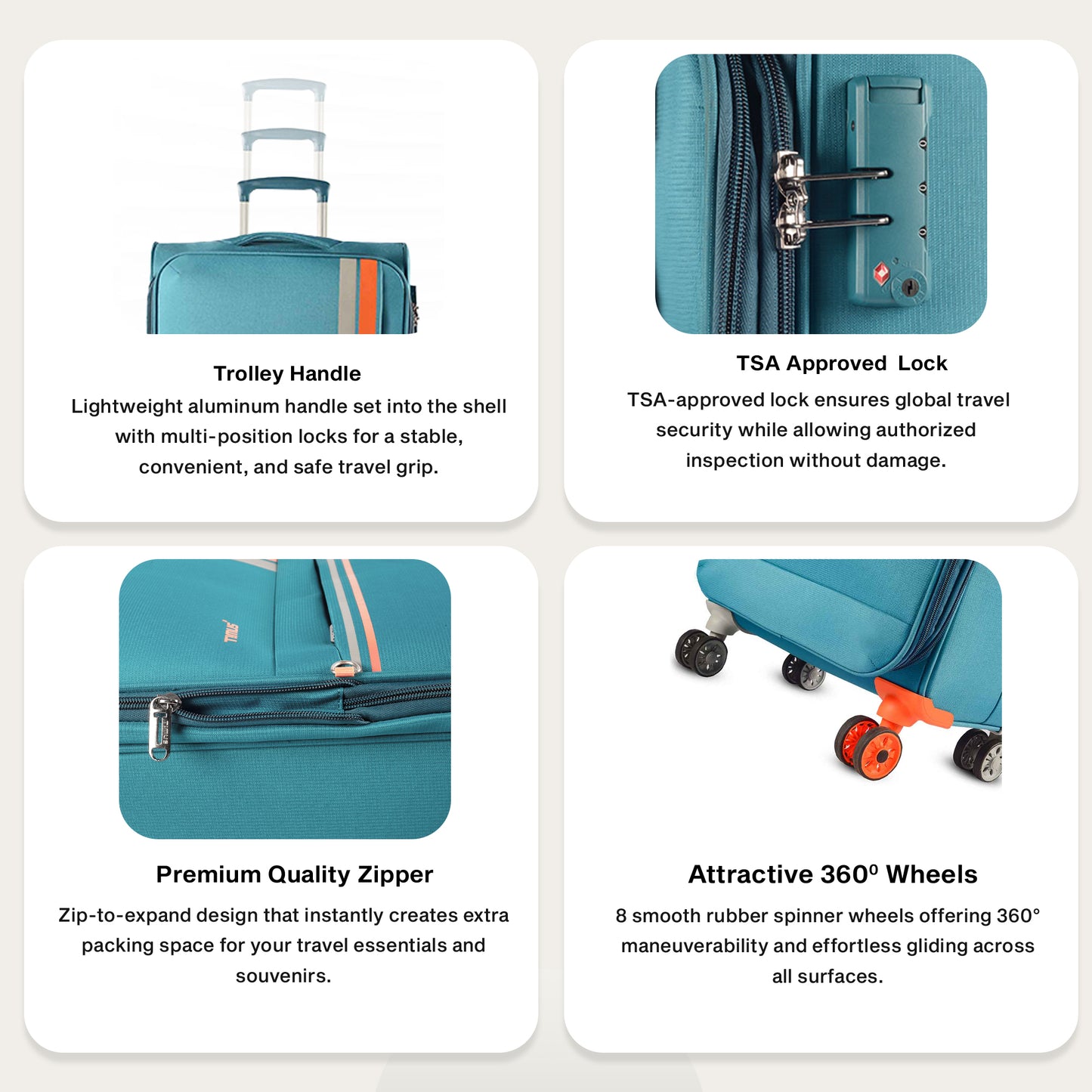 Feature graphic of Timus Sportive light blue soft trolley luggage highlighting lightweight flexible material, spinner wheels, and secure lock system.