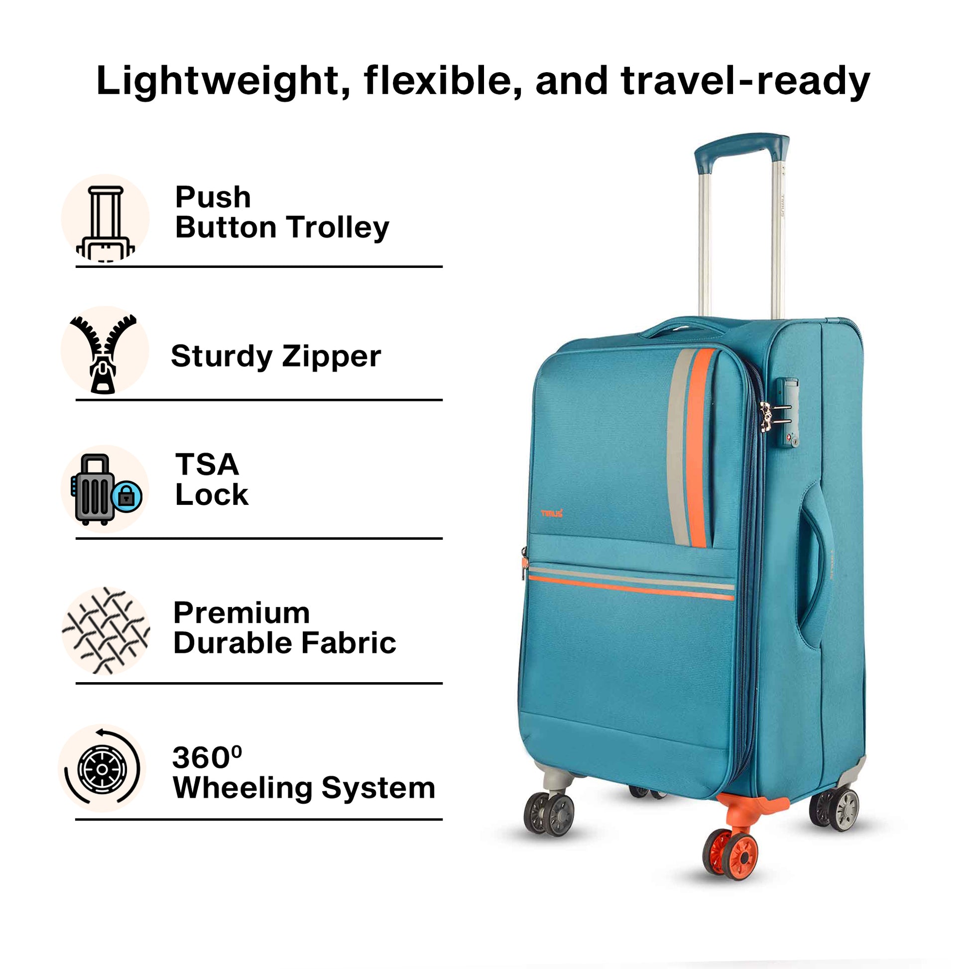 
Timus Sportive light blue soft luggage emphasizing its flexible, travel-friendly design and sturdy build ideal for frequent flyers.